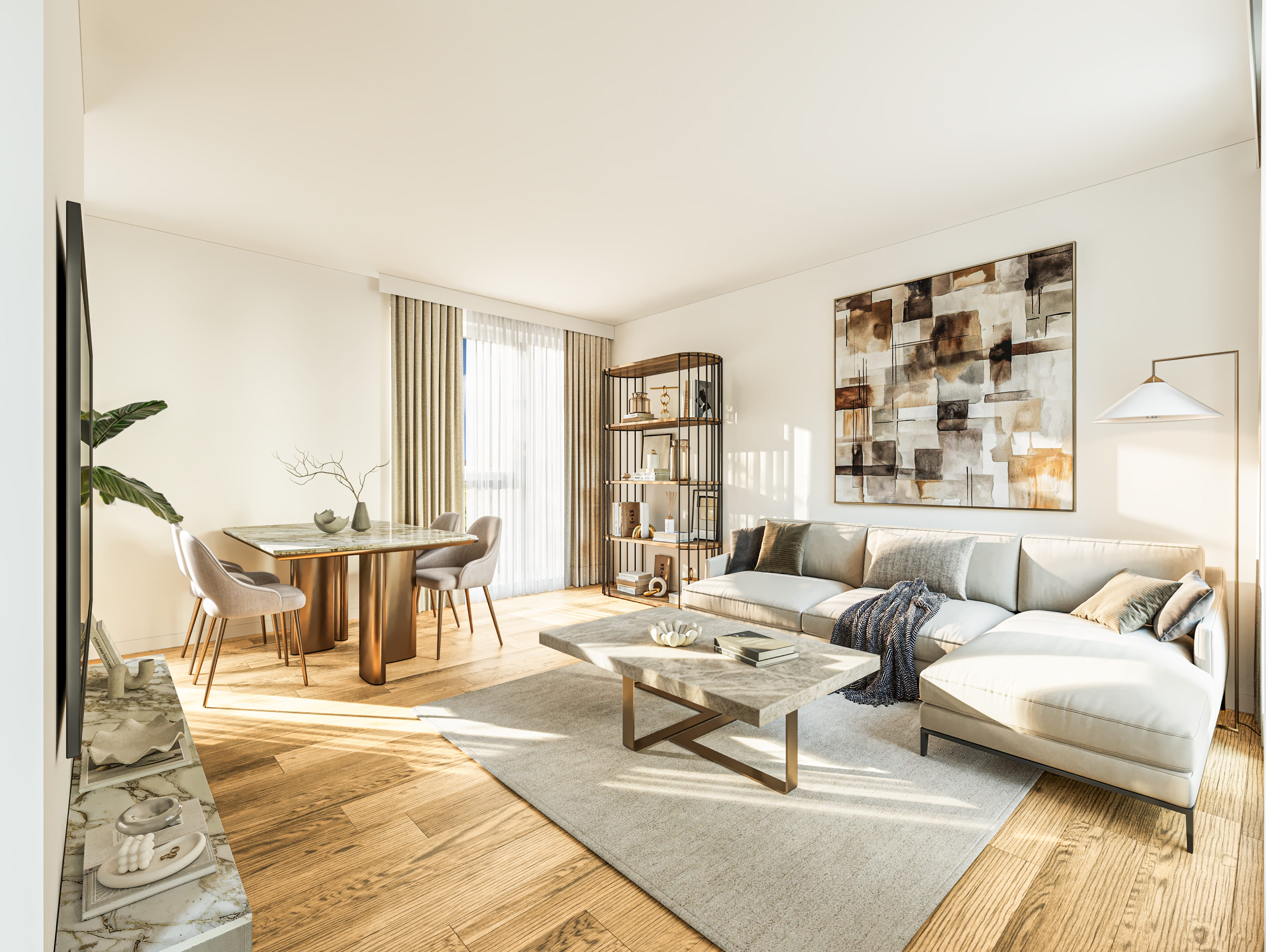Virtuelles Home Staging eines eleganten, lichtdurchfluteten Wohn- und Essbereichs. Die fotorealistische 3D-Visualisierung zeigt ein luxuriöses Raumkonzept in warmen Erdtönen: Ein großes, helles Ecksofa, ein stilvoller Marmor-Couchtisch und ein abstraktes Kunstwerk prägen den gemütlichen Wohnbereich. Der angrenzende Essplatz besticht durch einen Marmortisch mit markantem Metallfuß und modernen Polsterstühlen. Ein offenes Regal, hochwertige Dekoration und ein warmer Holzboden mit realistischem Licht- und Schattenspiel vervollständigen das moderne Innendesign.